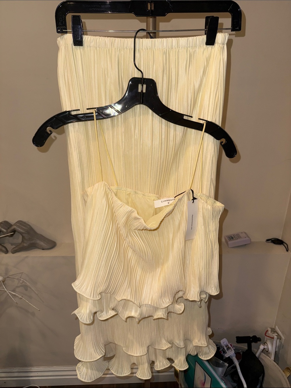 Commense Pale Yellow Pleated Ruffled Slip Dress